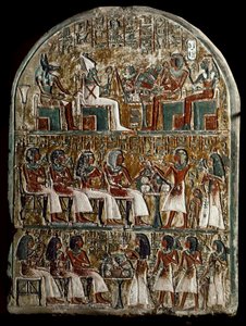 Stele di Irynefer, in alto gli dei Osiride e Anubi di fronte ad Amenofi I e Ahmes Nefertari divinizzati; al centro Irynefer, sua moglie Mehytkhaty e la loro figlia Hathor fanno l