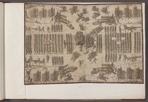 Una battaglia. Eserciti in formazione. Disegni di eserciti, soldati, cavalli e bardature, e altre scene militari. 1500-1650 da School English