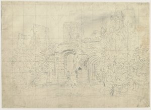 Castello di Dudley - il Barbican (disegno a matita, nd 19° sec) da School English