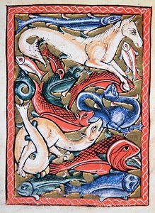 Pesci e animali marini, facsimile di una miniatura di manoscritto del XII secolo da School English