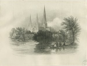 Cattedrale di Lichfield - Vista sud-ovest: incisione (vignettata), nd [c 1842] da School English