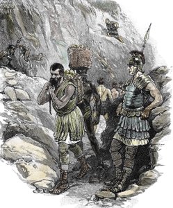 Legionario romano che supervisiona i lavoratori anglosassoni in una miniera di stagno, Inghilterra 50 d.C. da School English