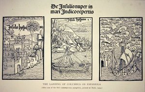 Lo sbarco di Colombo su Espaniola, da un opuscolo contemporaneo pubblicato a Basilea nel 1494 da School English