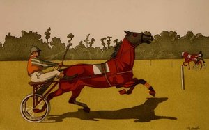 Pony al trotto che tira un carro da corsa