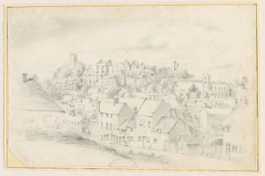 Tutbury - Città, chiesa e castello: disegno a matita, nd [?19th cent] da School English