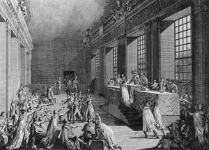 Giorni del 18 e 19 brumaio An VIII (9 e 10 novembre 1799): colpo di stato di Bonaparte nella Camera del Consiglio dei Cinquecento che rovesciò il Direttorio Esecutivo, prese il potere e fu nominato Primo Console. Parigi, Biblioteca dell
