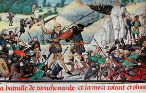 Morte del cavaliere Rolando, nipote di Carlo Magno, nella Battaglia di Roncisvalle (778) tra l