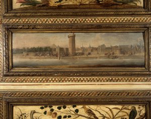 Entrata di Enrico IV a Parigi: Charles de Cossé Brissac aprì la porta della conferenza a Enrico IV (1594) - paesaggio mediano di uno dei grandi pannelli della stanza - Salon de la Meilleraye