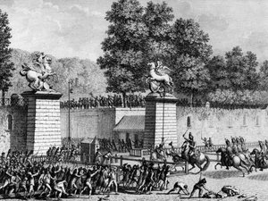 Rivoluzione Francese: Monsieur Charles Eugene de Lorraine, Principe di Lambesc (1754-1825) entra nelle Tuileries con un distaccamento di Royal German il 12 luglio 1789 per reprimere i primi rivoluzionari. Parigi, Biblioteca dell
