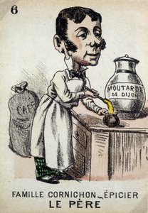 Gioco delle Sette Famiglie: Il padre della Famiglia Cornichon-droghiere che prepara la senape di Digione. Musée de la Carte à Jouer, Issy-les-Moulineaux da School French
