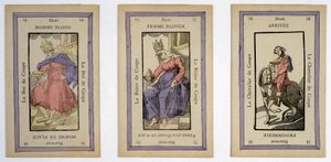 Vecchie carte da gioco con il re (uomo biondo), la regina (donna bionda) e il cavaliere (fine) coppa. Musée de la Carte à Jouier, Issy-les-Moulineaux da School French