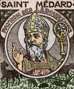 Ritratto di San Medardo, Medardus, vescovo di Noyon, da "Almanach du Pelerin". da School French