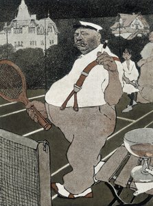 Tennis: uomo grasso, fumando e bevendo alcol, giocando a tennis - cartone animato tedesco