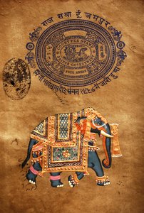 Elefante, dipinto a mano e vecchia carta da bollo, Jaipur, Rajasthan, India da School Indian