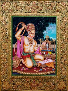 Dipinto in miniatura di Lord Hanuman su carta con rilievo dorato