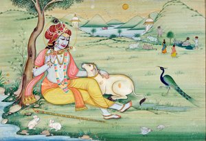 Miniatura di Krishna che suona il flauto da School Indian
