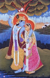 Dipinto in miniatura di Radha Krishna, India