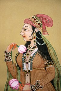 Miniatura dipinta su carta di un ritratto di una signora reale Mughal da School Indian
