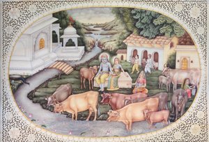 Miniatura di Krishna e una lattaia seduti in un campo con bestiame da School Indian