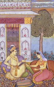 Miniatura Mughal su carta Reale Re che si gode una bevanda da School Indian