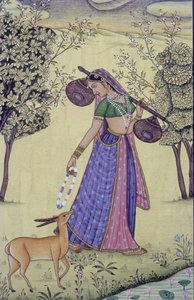 Donna con Rudra Veena e Ghirlanda di Fiori, Miniatura, India da School Indian