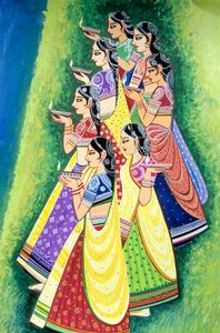 Donne che tengono una lampada a olio, Miniatura, India