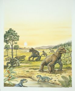 Anomodonti, in primo piano, Pareisauri a sinistra e Dinocefali a destra, Paleozoico, periodo Permiano da School Italian