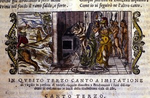 Bradamante incontra il mago Melisse che le dice che lei e Ruggero fondarono la dinastia Este. Scena tratta dal poema cavalleresco 