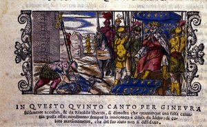 La principessa Ginevra è innocente e il combattimento tra la calunnia e il cavaliere sconosciuto che è venuto a difendere Ginevra è interrotto. scena del poema cavalleresco "Orlando Furioso" di Ludovico Ariosto (1474 - 1533) detto L