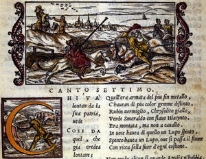 Il gigante Eryphila su un lupo combatte Roger - Scena del poema cavalleresco 