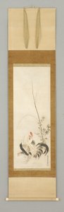 Kakemono, gallo e gallina con fiori da Japanese School