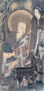 Dipinto religioso che raffigura un giovane monaco con un cerbiatto, dipinto su seta, civiltà giapponese, periodo Heian, 794-1185 da School Japanese