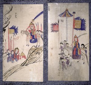 Pannello di un paravento a otto pieghe raffigurante una storia dei tre regni (pigmenti naturali su carta) da School Korean