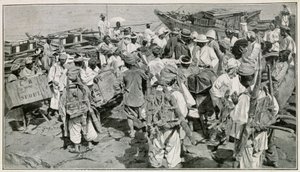 Portatori coreani nel porto di Chemulpo (Corea del Sud), scaricando le giunche - Illustrazione da una fotografia del XIX secolo di J. de Pange, da Viaggio in Corea del dottor Hagen da School Korean