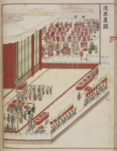 Rituale di corte coreano. Pagina da un manoscritto di corte che mostra il 60° anniversario del matrimonio di Lady Hyegyong e del Principe Ereditario Sado, consumato nel 1749