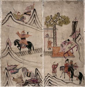 Due pannelli di un paravento a otto pieghe raffigurante "Una storia di tre regni" (pigmenti naturali su carta) da School Korean