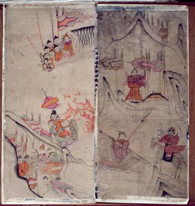 Due pannelli di un paravento a otto pieghe raffigurante "Una storia di tre regni" (pigmenti naturali su carta) da School Korean