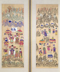Due pannelli di un paravento a otto pieghe raffiguranti "Dipinti dello sciamanesimo" (colori su carta) da School Korean