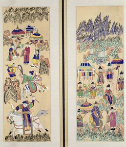 Due pannelli di un paravento a otto pieghe raffiguranti "Dipinti dello sciamanesimo" (pigmenti naturali su carta) da School Korean