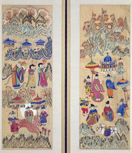 Due pannelli di un paravento a otto pieghe raffiguranti "Dipinti dello sciamanesimo" (pigmenti naturali su carta) da School Korean