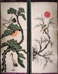 Due pannelli di un paravento a otto pieghe raffiguranti uccelli e fiori (pigmenti naturali su carta) da School Korean