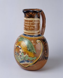 Arte popolare: vaso di pulque (alcol di agave fermentato) in terracotta dipinta e verniciata, dal Messico. 1972 Musée de la Vallée, Barcelonnette (Alpi dell
