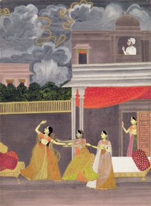 Una signora portata dentro da una tempesta di notte: illustrazione dal modo musicale Madhu Madhavi, c.1760 da School Mughal