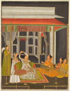 Una principessa su una terrazza con assistenti di notte (recto); Calligrafia (verso), 1760 circa (acquerello opaco con oro su carta)