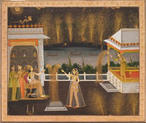 Dame che celebrano il Diwali, 1760 circa (acquerello opaco e oro su carta) da School Mughal