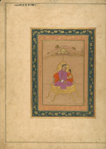 Il 3° Imperatore Mughal Akbar seduto sul trono reale mentre tiene la sua corona