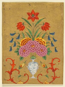 Vaso con composizione floreale e volute, 1750-1800 circa (acquerello opaco con oro su carta)