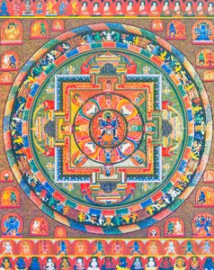 Mandala di Chakrasambhara, raffigurante la divinità principale Sambhara che abbraccia la sua consorte Vajrabarahi simboleggiando l