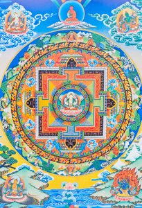 Mandala di Chenresi; la figura centrale raffigura il Buddha della compassione, la manifestazione celeste del Buddha Amitava, sempre vicino agli esseri sofferenti