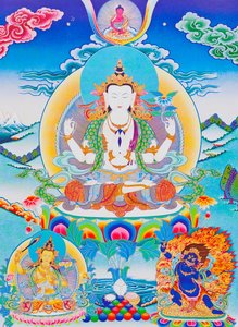 Immagine che raffigura Chenresi, il signore delle sei sillabe "Om Mani Padme Hum"